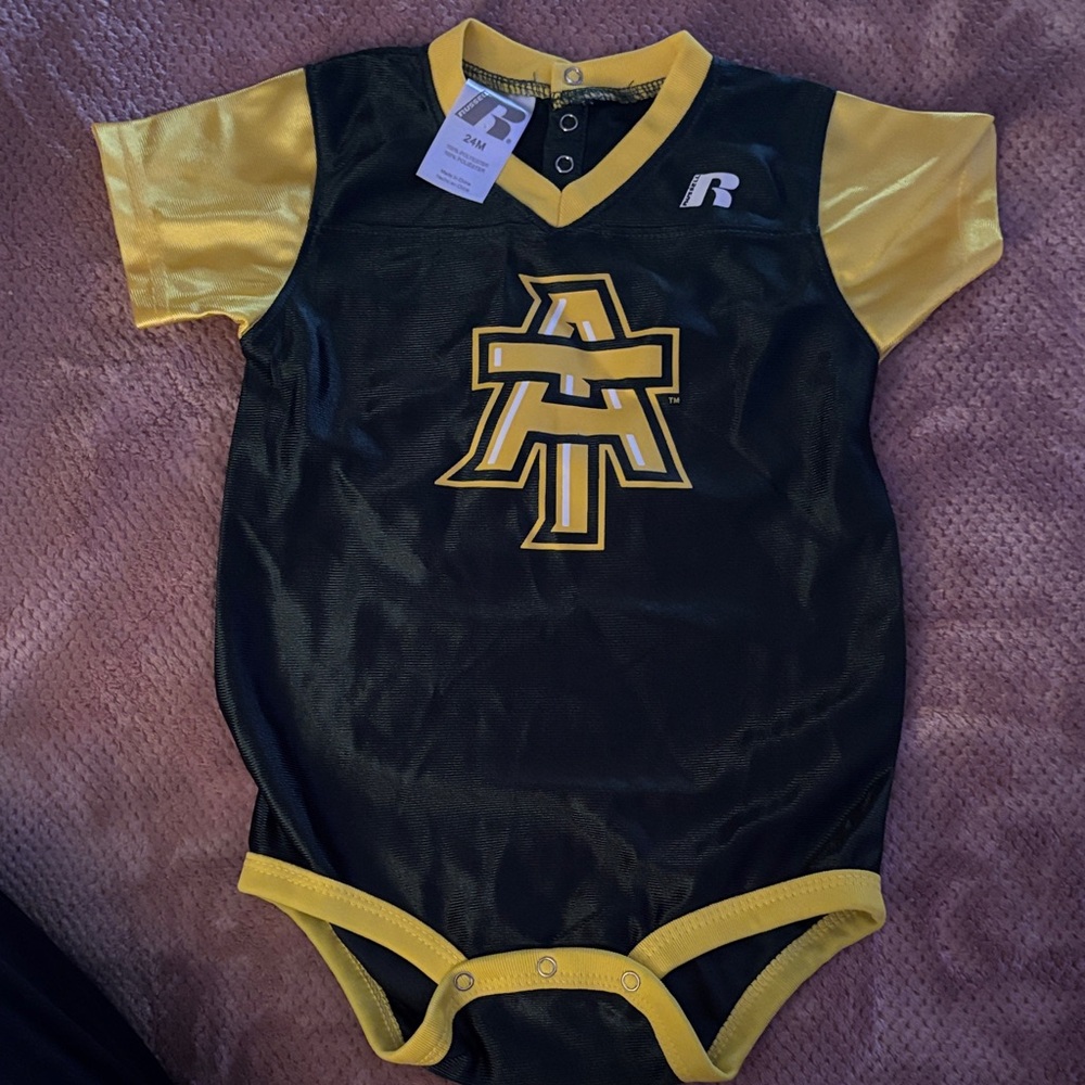 SIZE 24 months. Russell Athletic Black and Yellow Baby Onesie